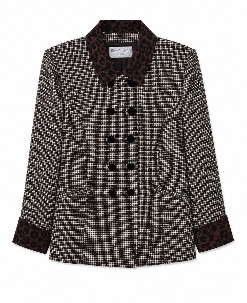 Donna Toran Blazer Jacket Womens 14 Brown Houndstooth Leopard Collar Cuffs NWOT